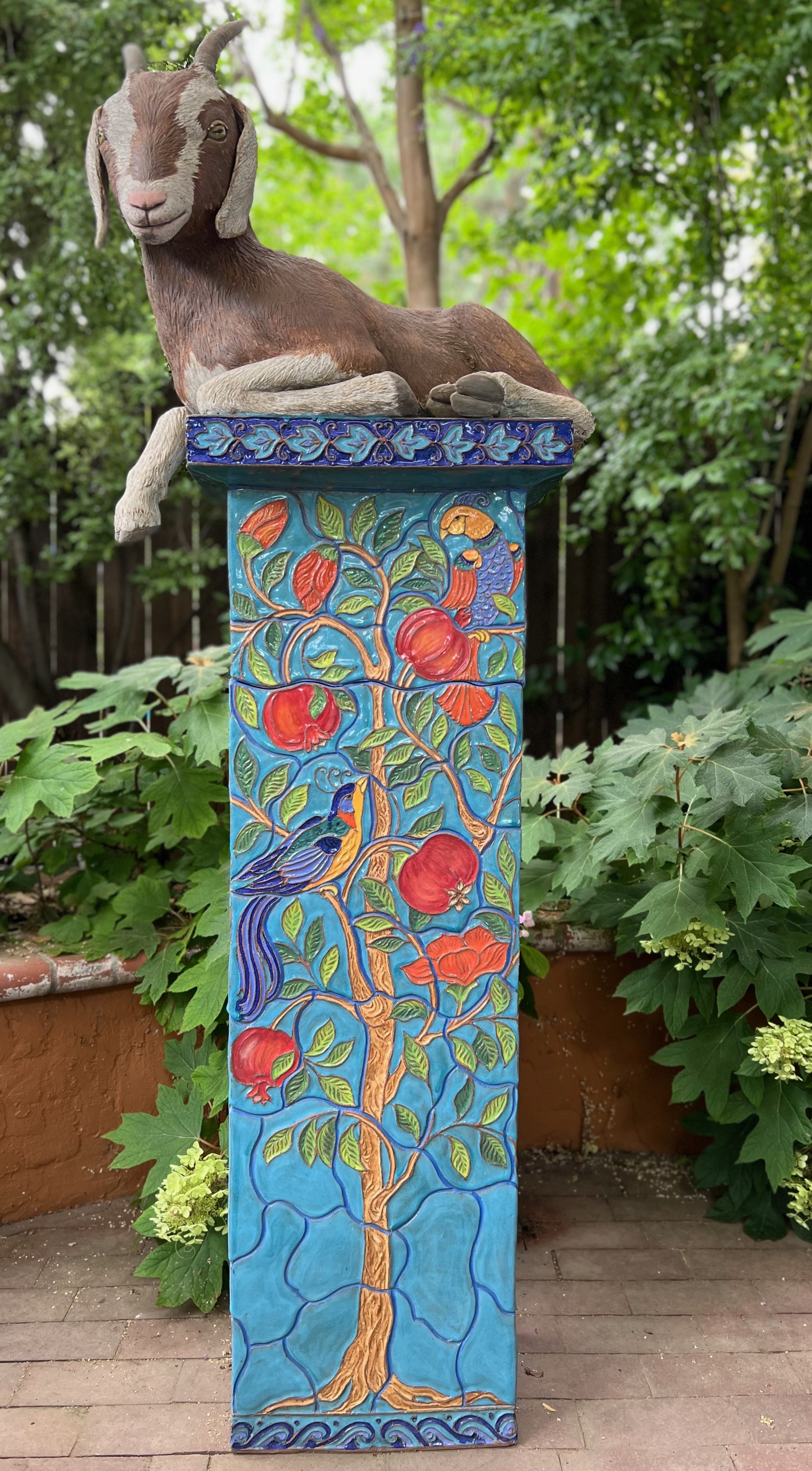 Sculpture of Goat on Tree of Life Pedestal
